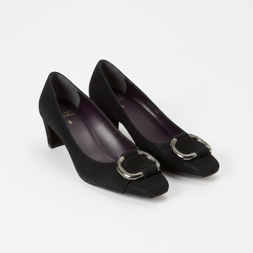 Stuart Weitzman Elegant Black Heels with Metallic Buckle